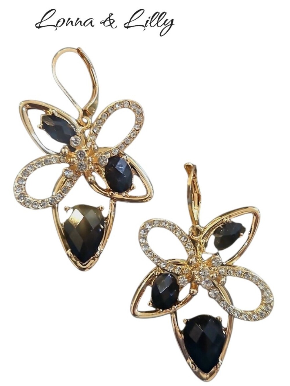Lonna & Lilly Pink Flower Drop Earrings Gold Black Stone Leverback NWT